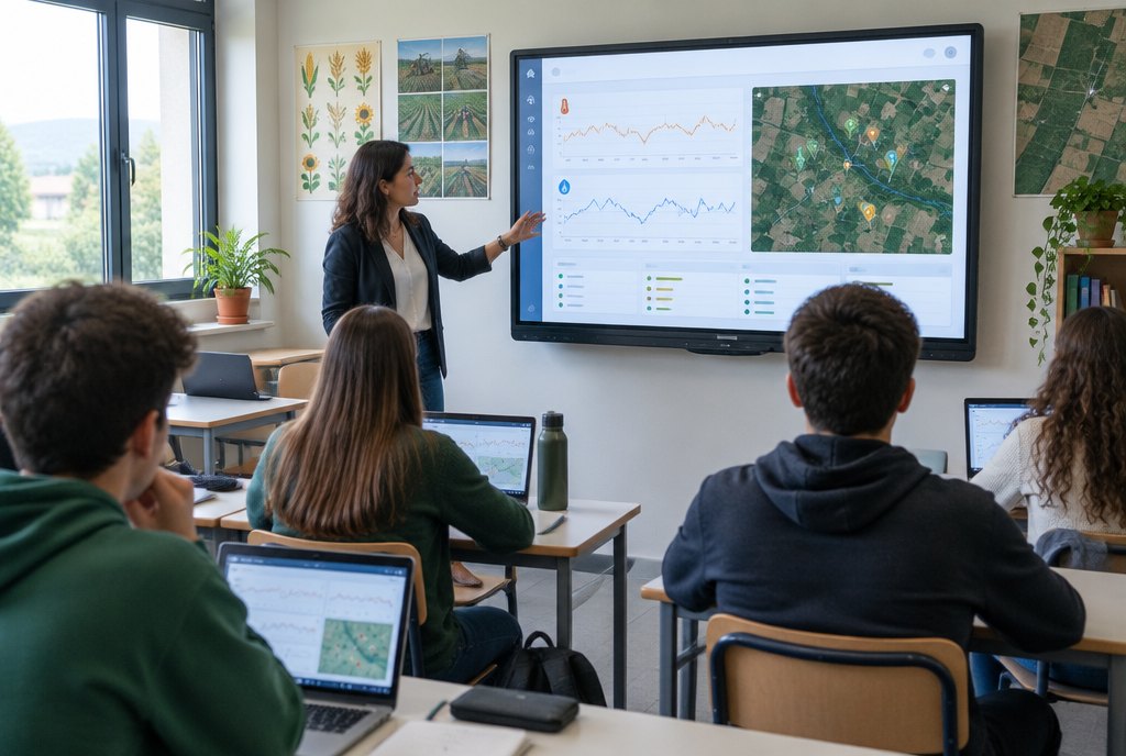 Lezione in aula con la dashboard dei dati (immagine generata con AI)